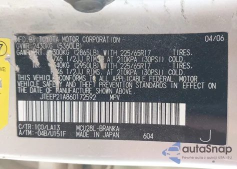 2006 Toyota Highlander Limited V6 z USA, uszkodzony, nr VIN JTEEP21A860172592